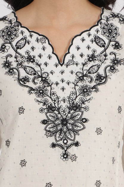 W for Woman White Printed Cotton Lurex Dobby Flared Kurta with Embroidered Yoke