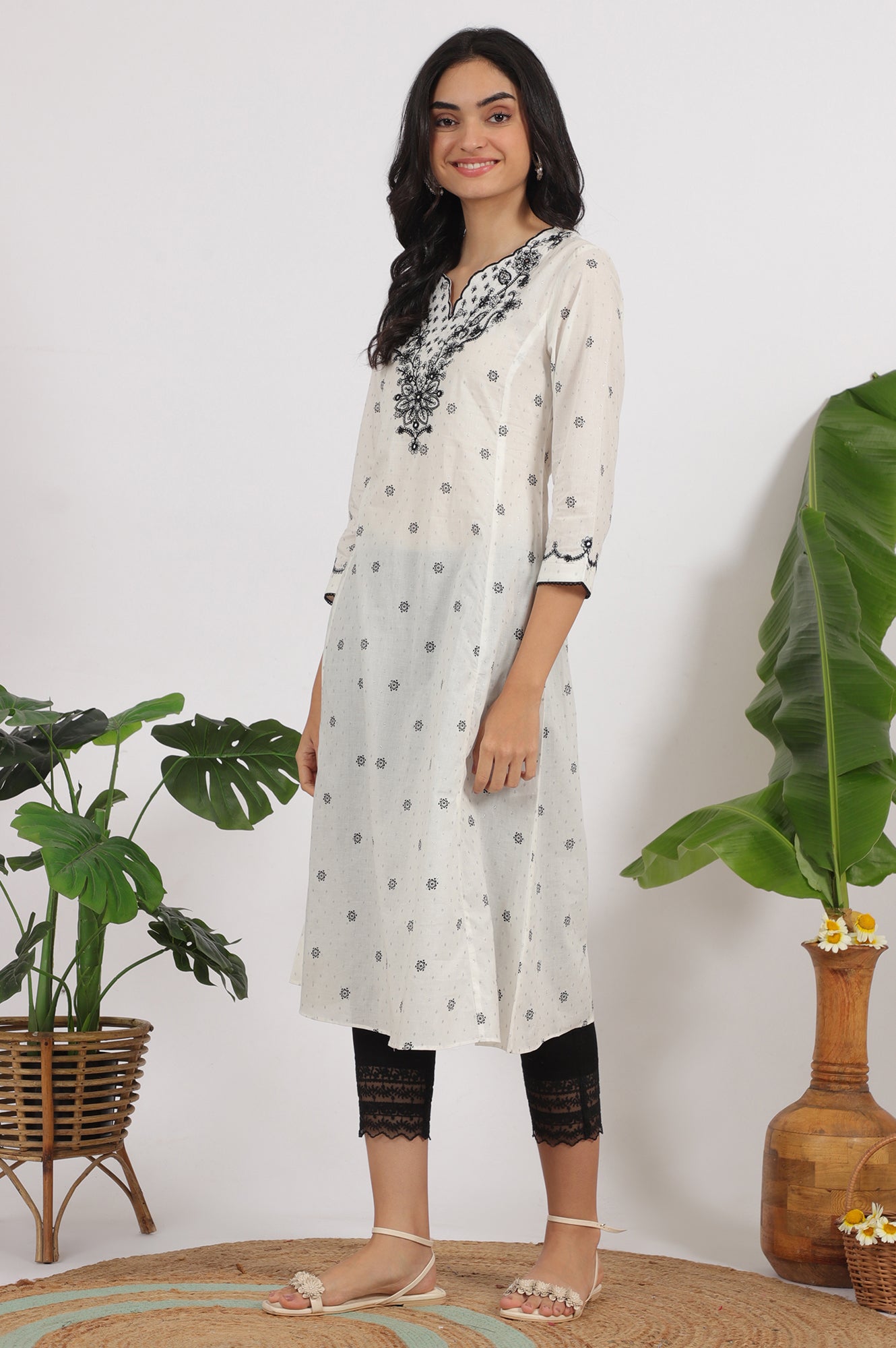 W for Woman White Printed Cotton Lurex Dobby Flared Kurta with Embroidered Yoke