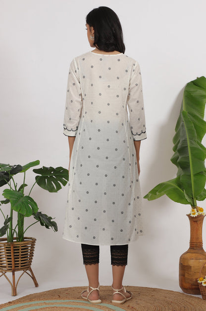 W for Woman White Printed Cotton Lurex Dobby Flared Kurta with Embroidered Yoke