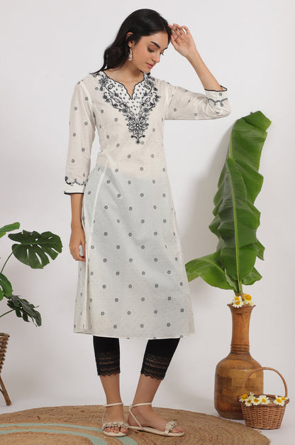 W for Woman White Printed Cotton Lurex Dobby Flared Kurta with Embroidered Yoke