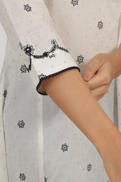 W for Woman White Printed Cotton Lurex Dobby Flared Kurta with Embroidered Yoke