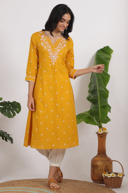 W for Woman Marigold Yellow Printed Cotton Lurex Dobby Flared Kurta with Embroidered Yoke