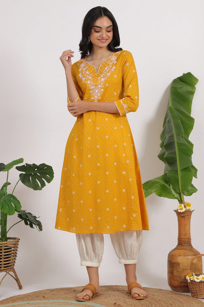 W for Woman Marigold Yellow Printed Cotton Lurex Dobby Flared Kurta with Embroidered Yoke