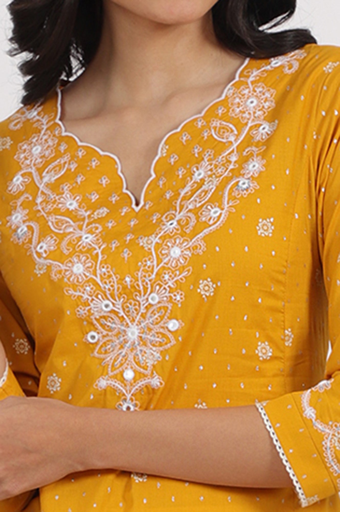 W for Woman Marigold Yellow Printed Cotton Lurex Dobby Flared Kurta with Embroidered Yoke