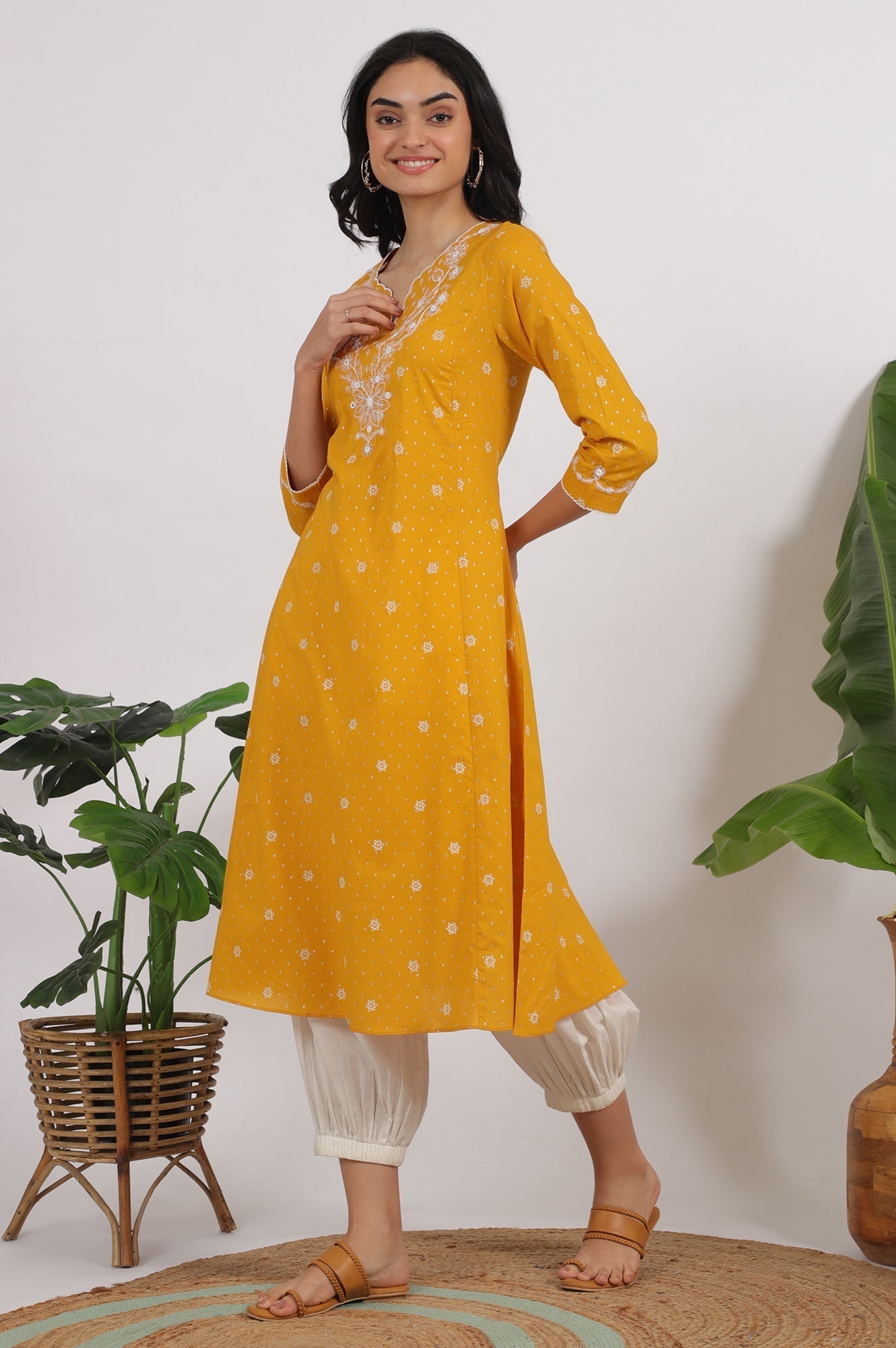 W for Woman Marigold Yellow Printed Cotton Lurex Dobby Flared Kurta with Embroidered Yoke
