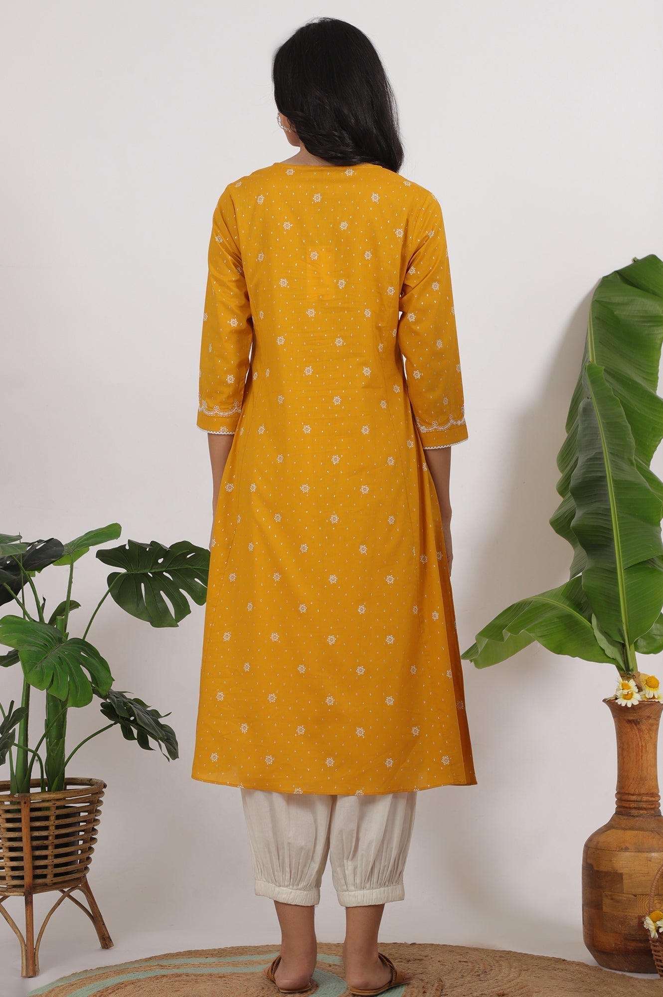 W for Woman Marigold Yellow Printed Cotton Lurex Dobby Flared Kurta with Embroidered Yoke