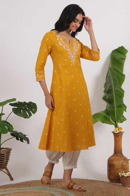 W for Woman Marigold Yellow Printed Cotton Lurex Dobby Flared Kurta with Embroidered Yoke