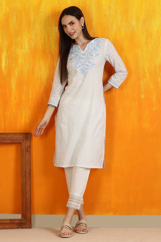 W for Woman White Embroidered Cotton Swiss Dot Straight Kurta
