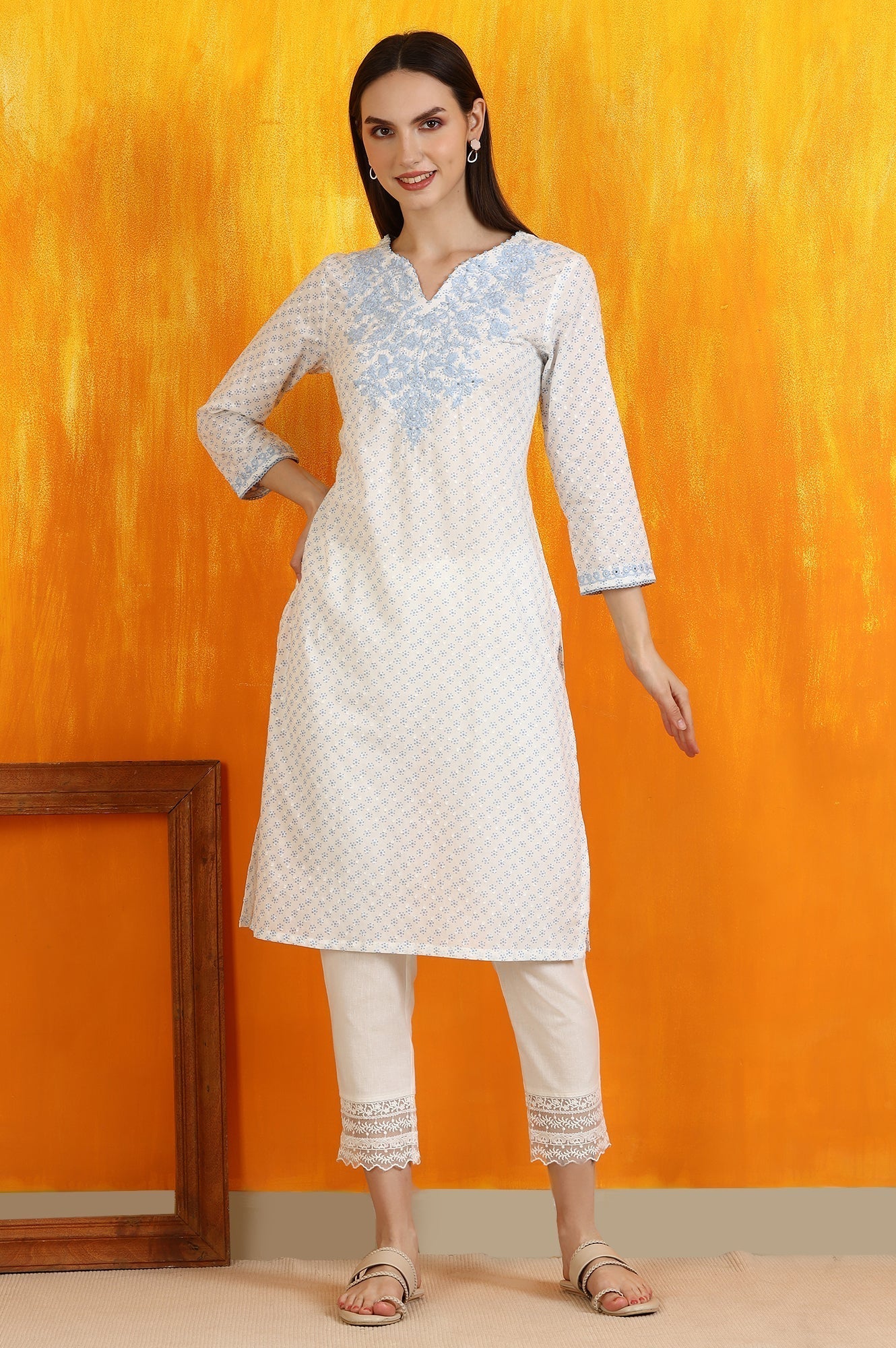 W for Woman White Embroidered Cotton Swiss Dot Straight Kurta