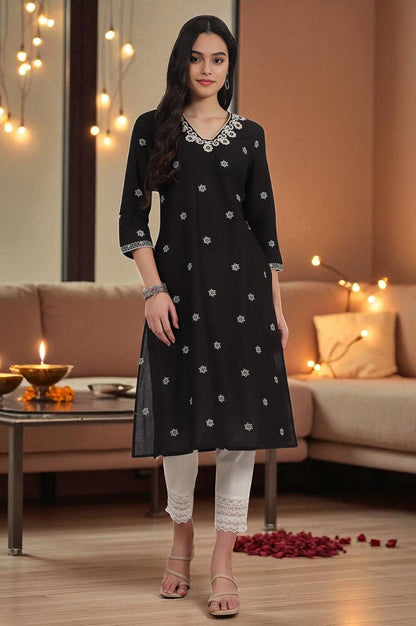 W for Woman Black Bandhani Printed Pure Cotton Straight Kurta