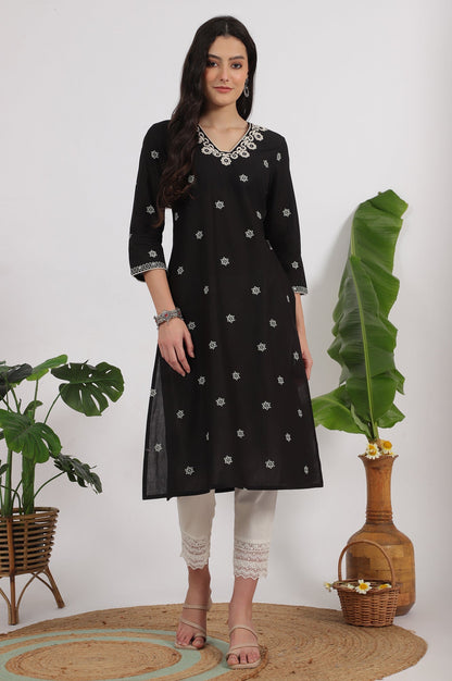 W for Woman Black Bandhani Printed Pure Cotton Straight Kurta