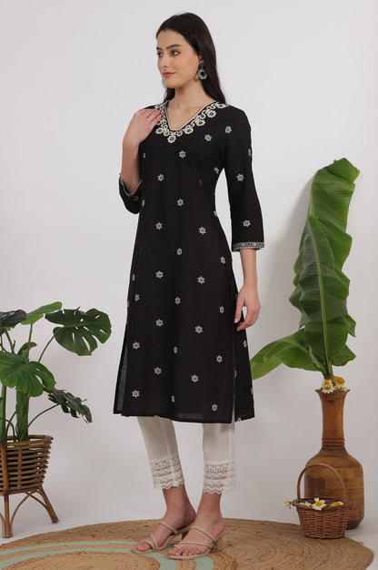 W for Woman Black Bandhani Printed Pure Cotton Straight Kurta