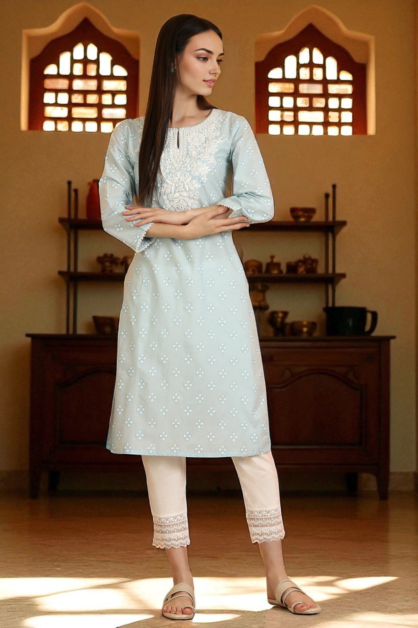 W for Woman Light Blue Printed Pure Cotton Straight Kurta with Embroidery