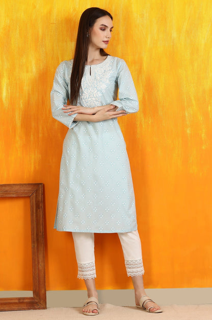 W for Woman Light Blue Printed Pure Cotton Straight Kurta with Embroidery