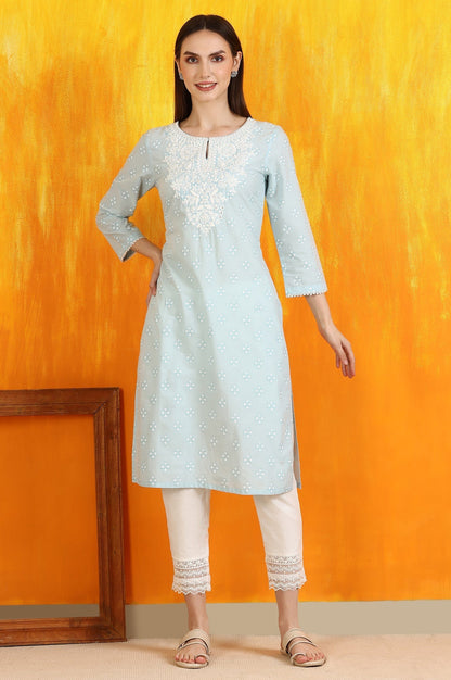 W for Woman Light Blue Printed Pure Cotton Straight Kurta with Embroidery