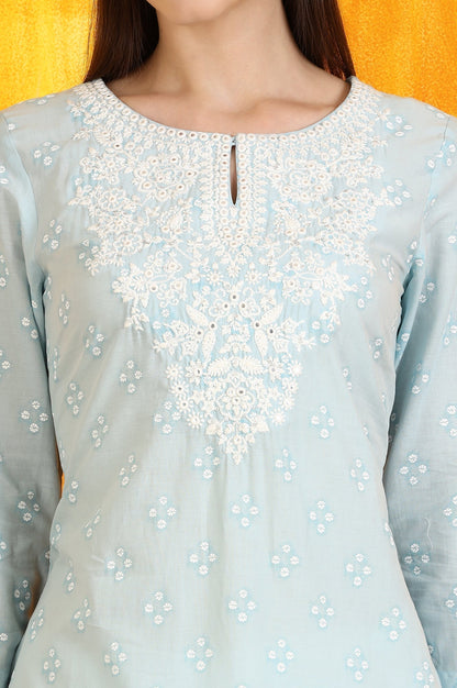 W for Woman Light Blue Printed Pure Cotton Straight Kurta with Embroidery