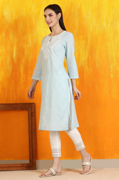 W for Woman Light Blue Printed Pure Cotton Straight Kurta with Embroidery