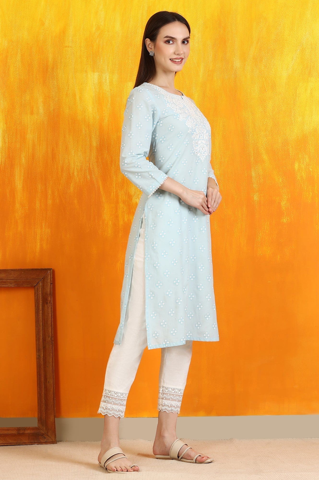 W for Woman Light Blue Printed Pure Cotton Straight Kurta with Embroidery