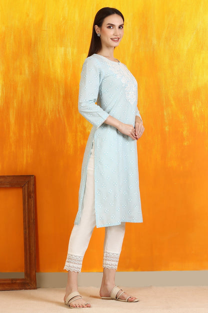 W for Woman Light Blue Printed Pure Cotton Straight Kurta with Embroidery
