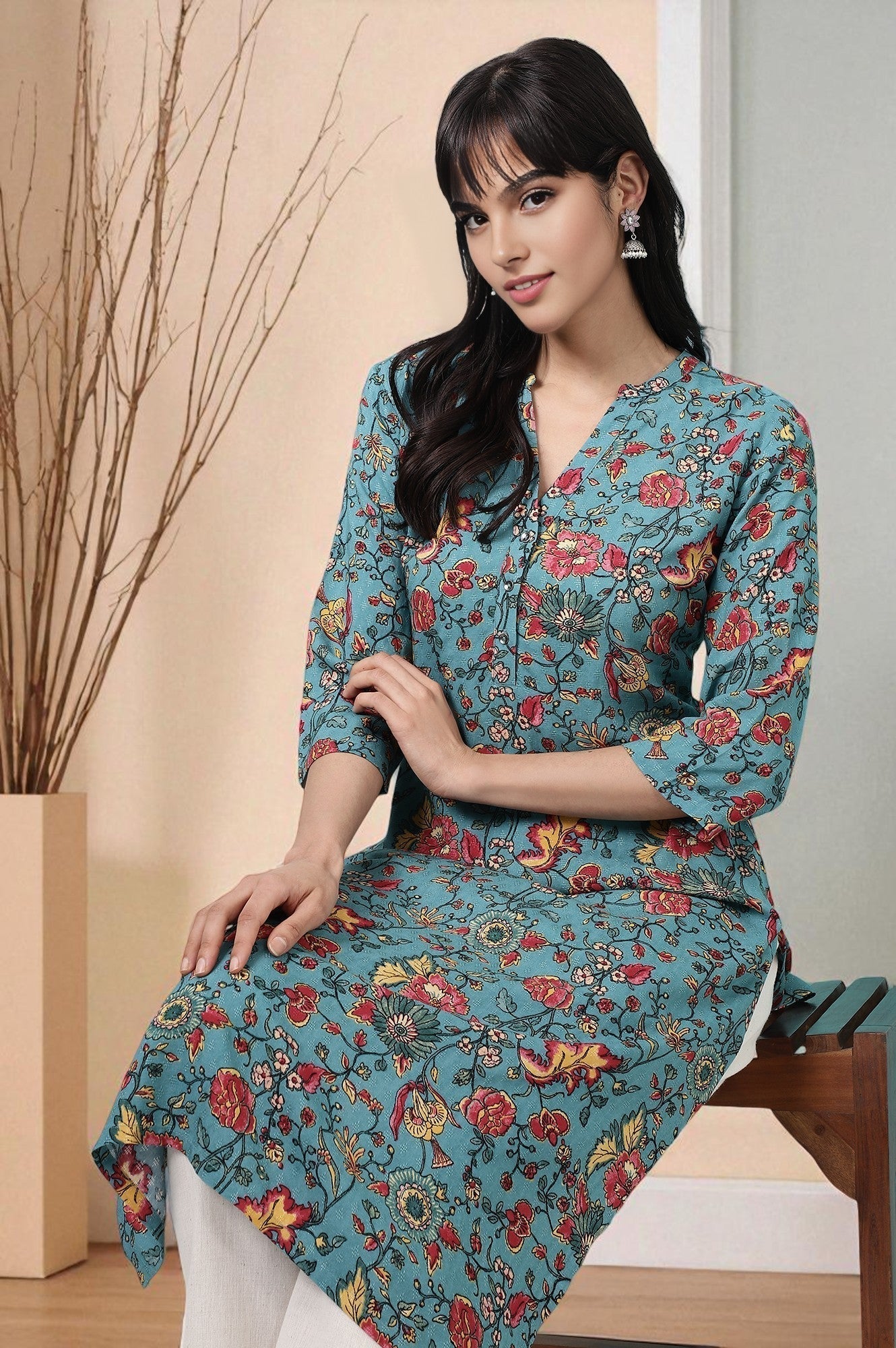 W for Woman Teal Blue Floral Printed Straight Kurta