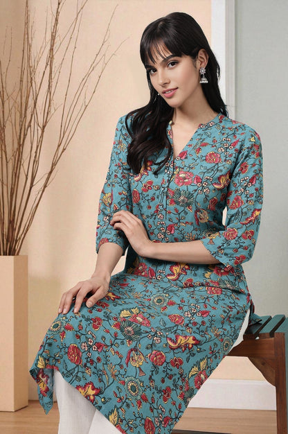 W for Woman Teal Blue Floral Printed Straight Kurta