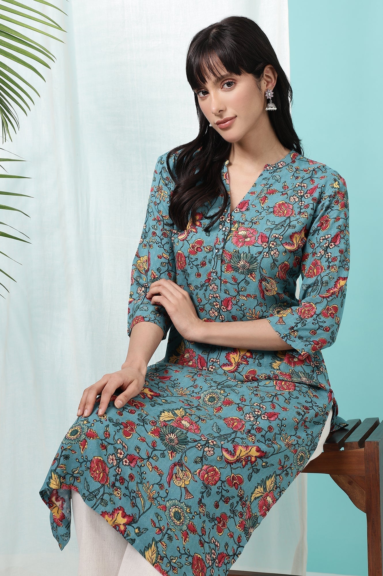 W for Woman Teal Blue Floral Printed Straight Kurta