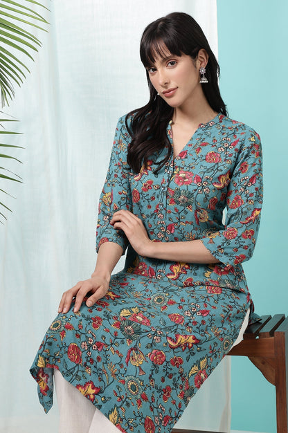 W for Woman Teal Blue Floral Printed Straight Kurta