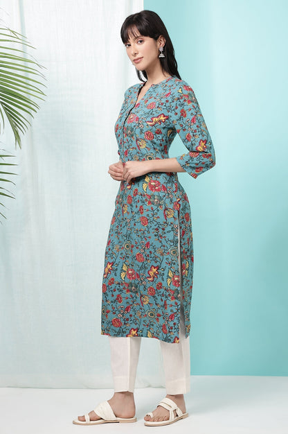W for Woman Teal Blue Floral Printed Straight Kurta
