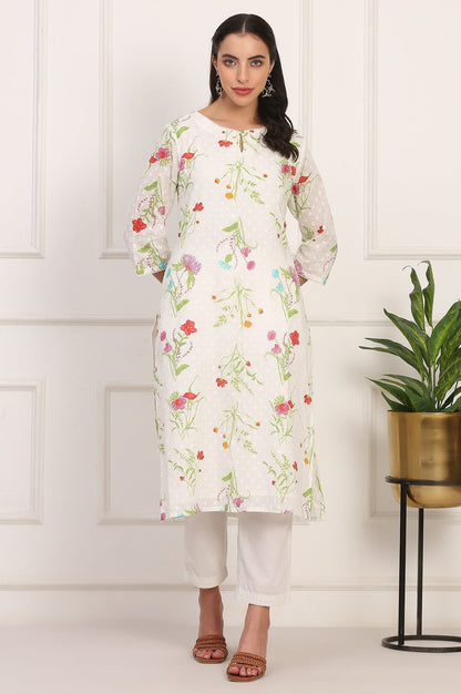 W for Woman Ecru Floral Printed Straight Pure Cotton Kurta