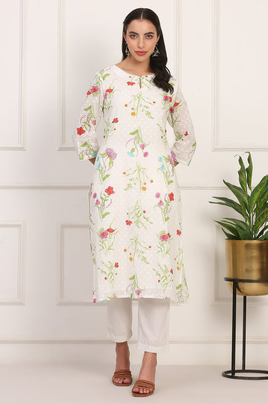 W for Woman Ecru Floral Printed Straight Pure Cotton Kurta