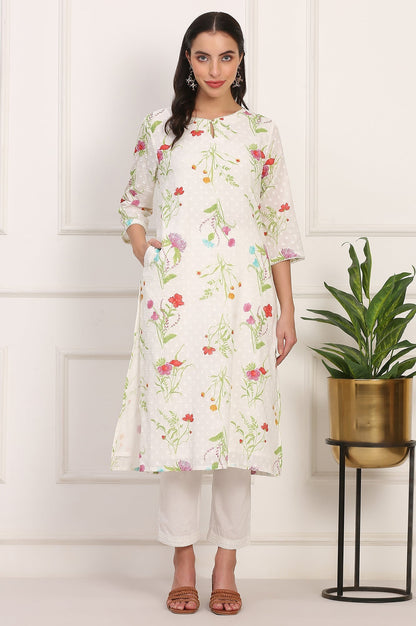 W for Woman Ecru Floral Printed Straight Pure Cotton Kurta
