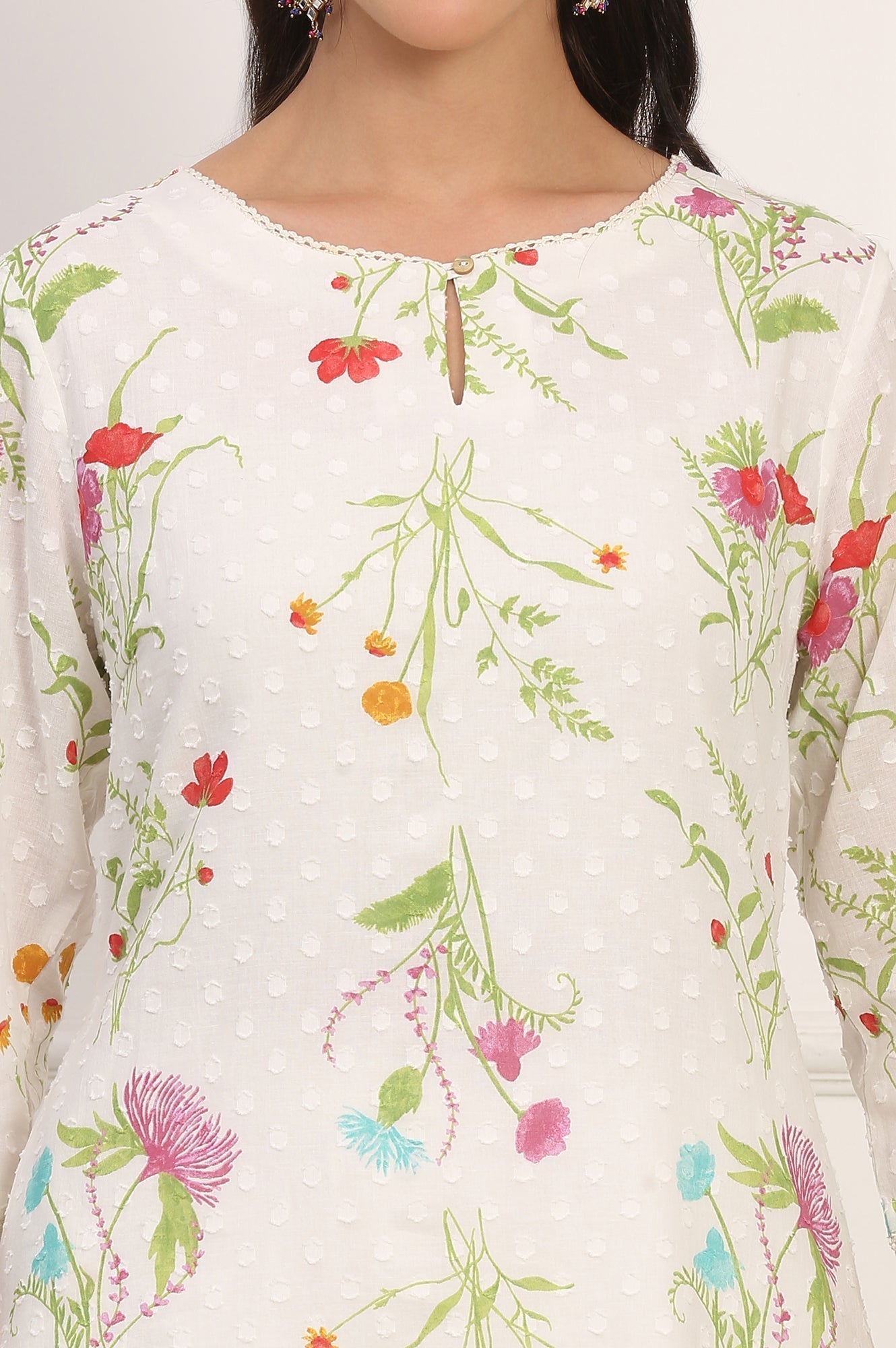 W for Woman Ecru Floral Printed Straight Pure Cotton Kurta