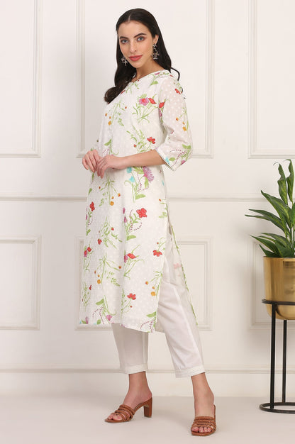 W for Woman Ecru Floral Printed Straight Pure Cotton Kurta
