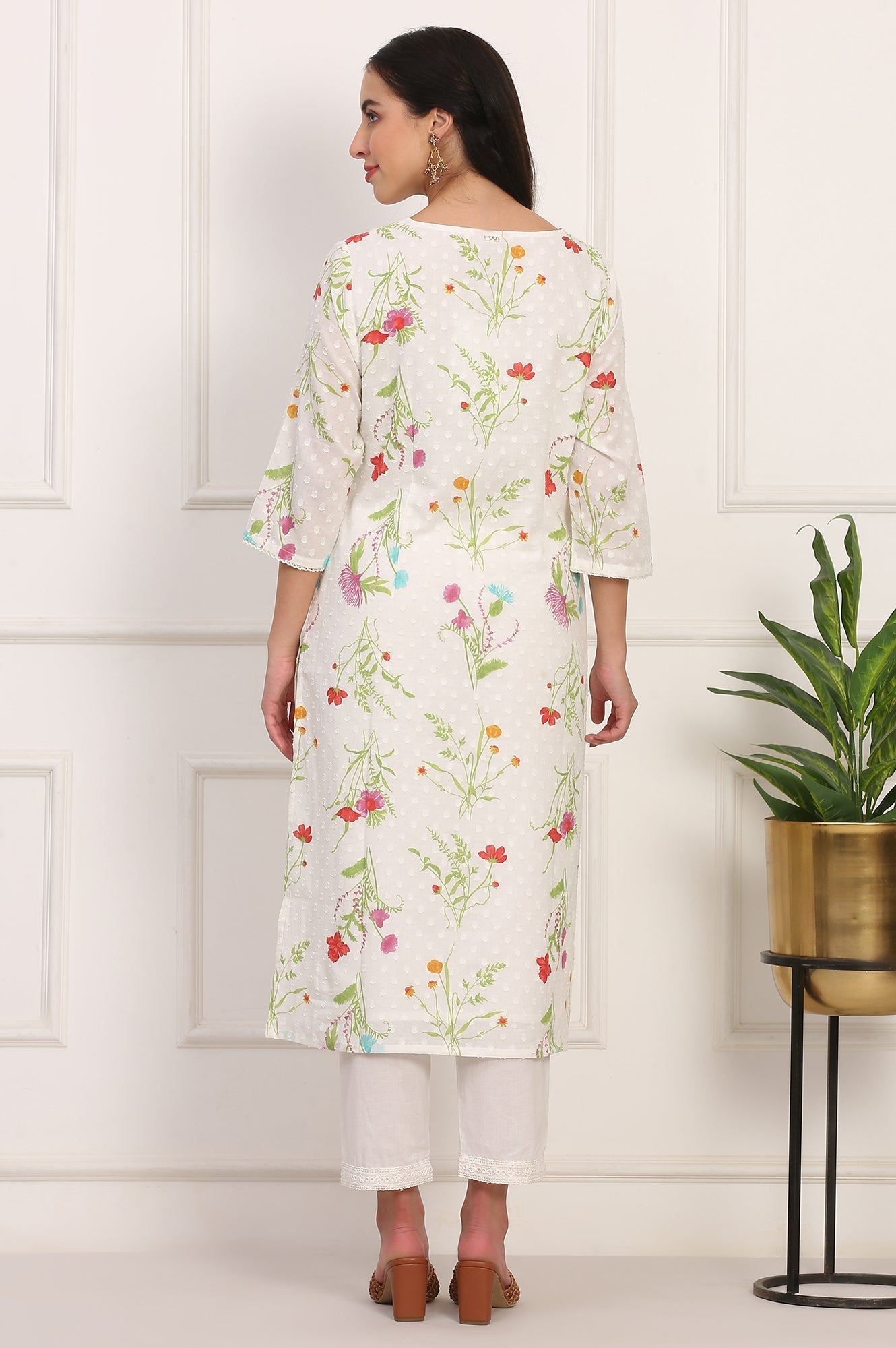 W for Woman Ecru Floral Printed Straight Pure Cotton Kurta
