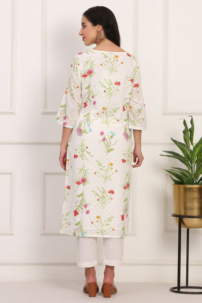 W for Woman Ecru Floral Printed Straight Pure Cotton Kurta