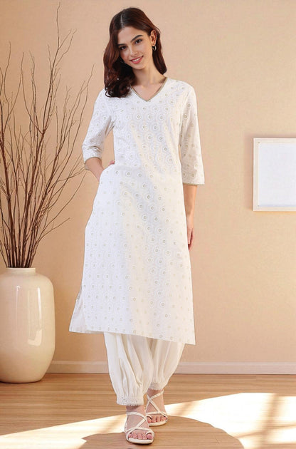 W for Woman White Geometric Printed Metallic Hardware Straight Pure Cotton Kurta