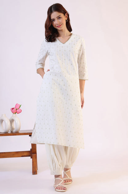 W for Woman White Geometric Printed Metallic Hardware Straight Pure Cotton Kurta
