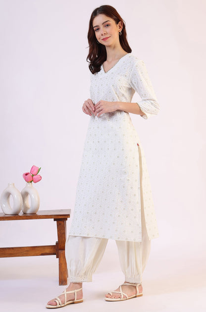 W for Woman White Geometric Printed Metallic Hardware Straight Pure Cotton Kurta
