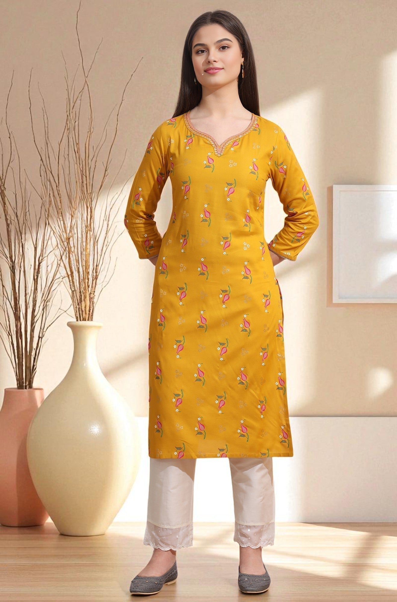 W for Woman Deep Yellow Floral Printed Rayon Straight Kurta with Embroidered Neck