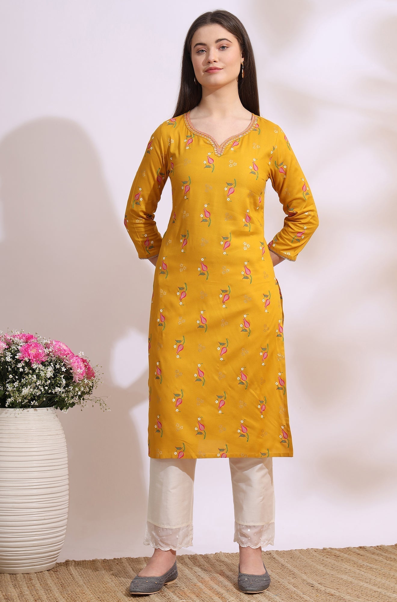 W for Woman Deep Yellow Floral Printed Rayon Straight Kurta with Embroidered Neck