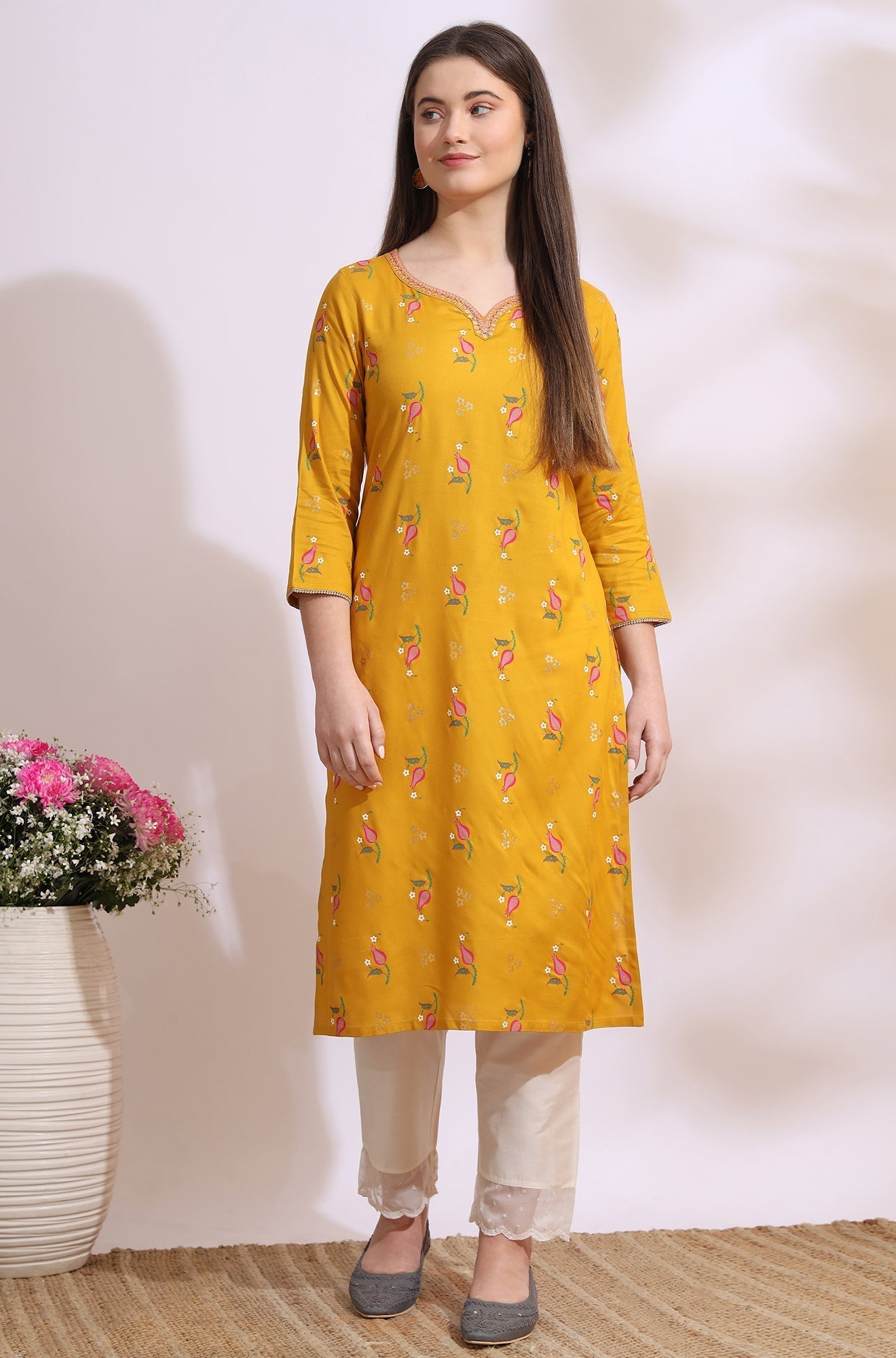 W for Woman Deep Yellow Floral Printed Rayon Straight Kurta with Embroidered Neck