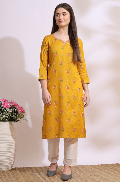 W for Woman Deep Yellow Floral Printed Rayon Straight Kurta with Embroidered Neck