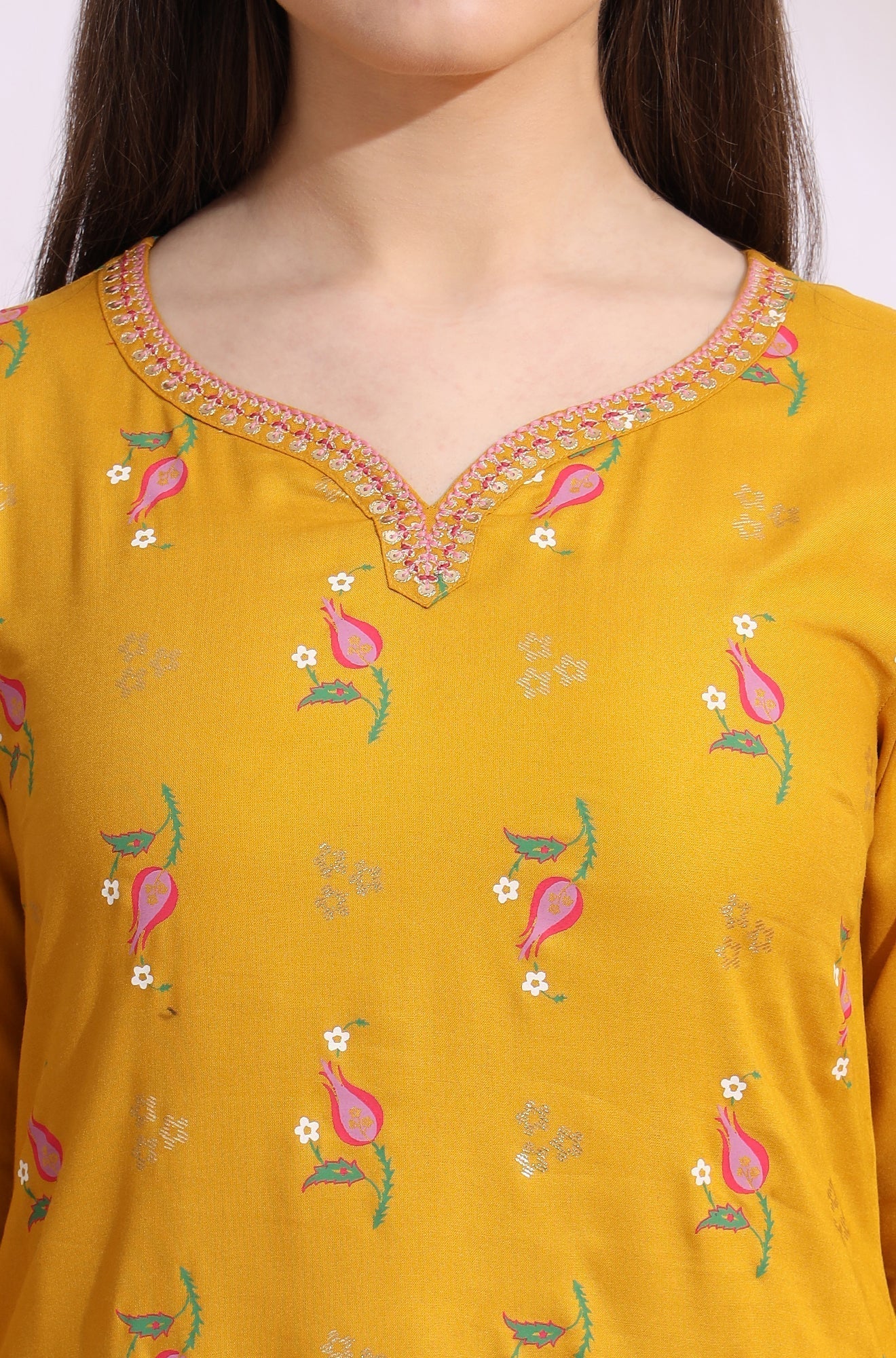 W for Woman Deep Yellow Floral Printed Rayon Straight Kurta with Embroidered Neck