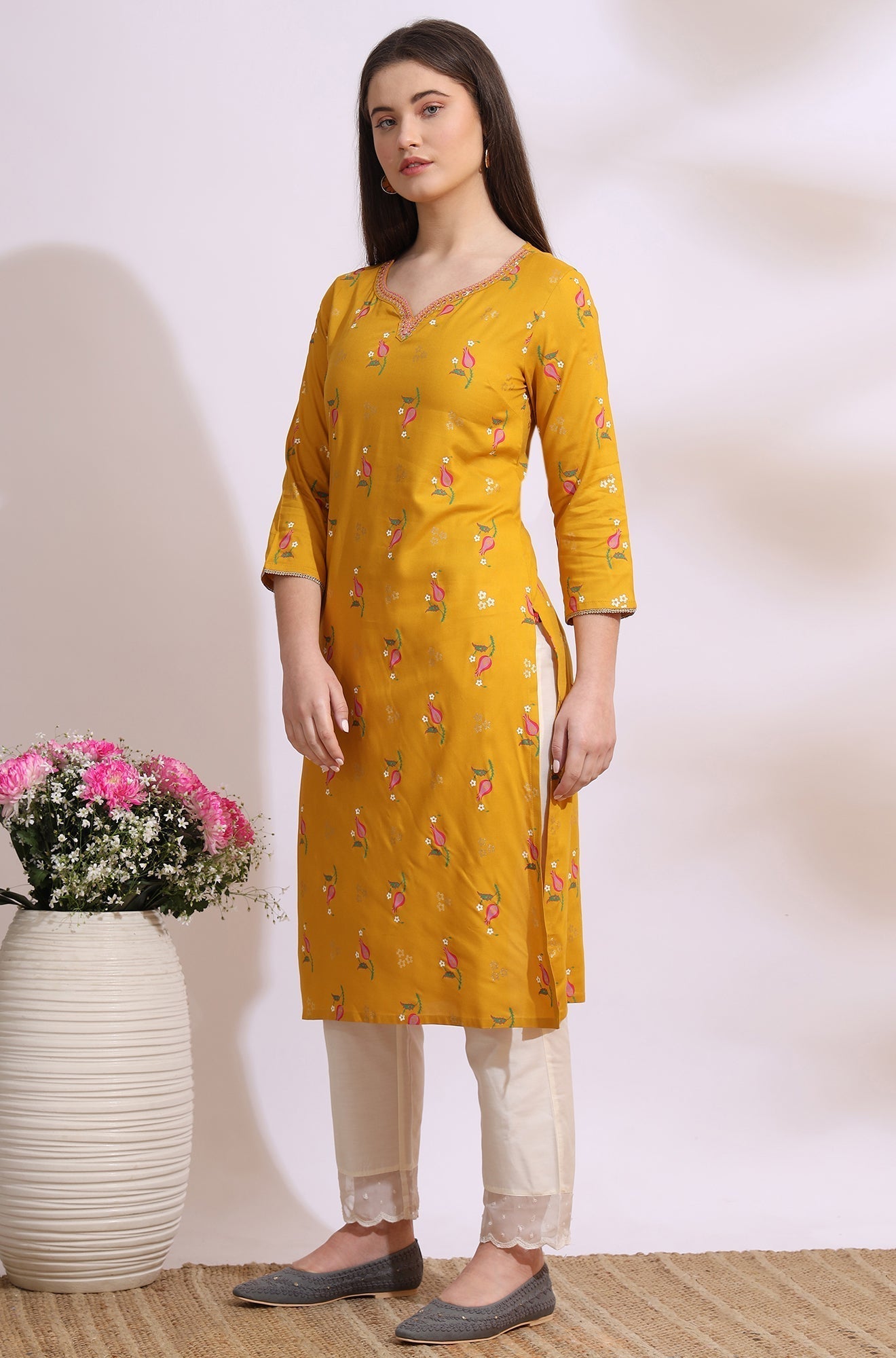 W for Woman Deep Yellow Floral Printed Rayon Straight Kurta with Embroidered Neck
