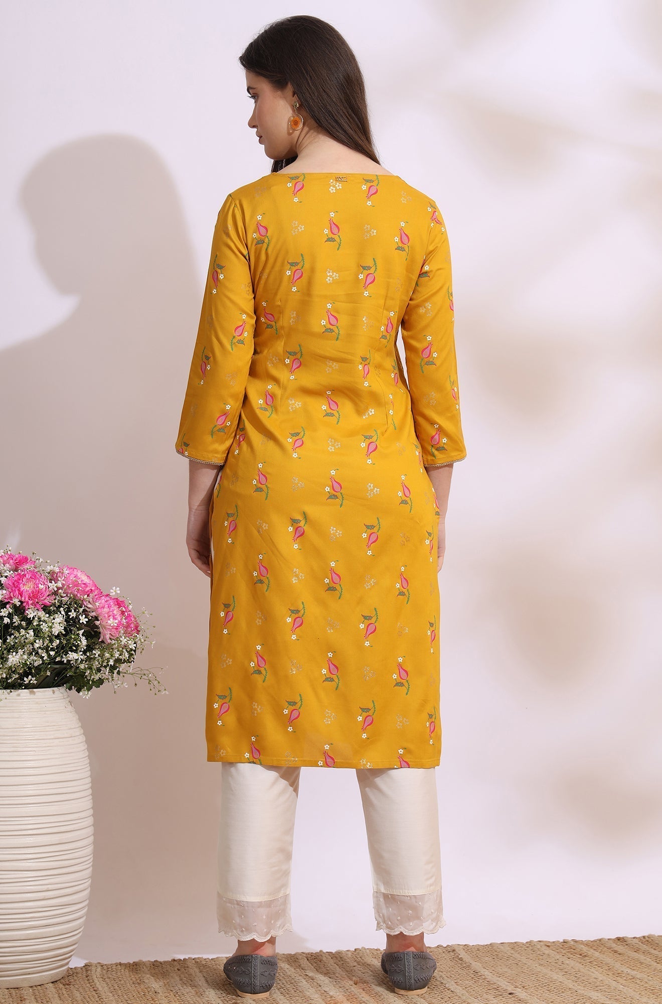 W for Woman Deep Yellow Floral Printed Rayon Straight Kurta with Embroidered Neck