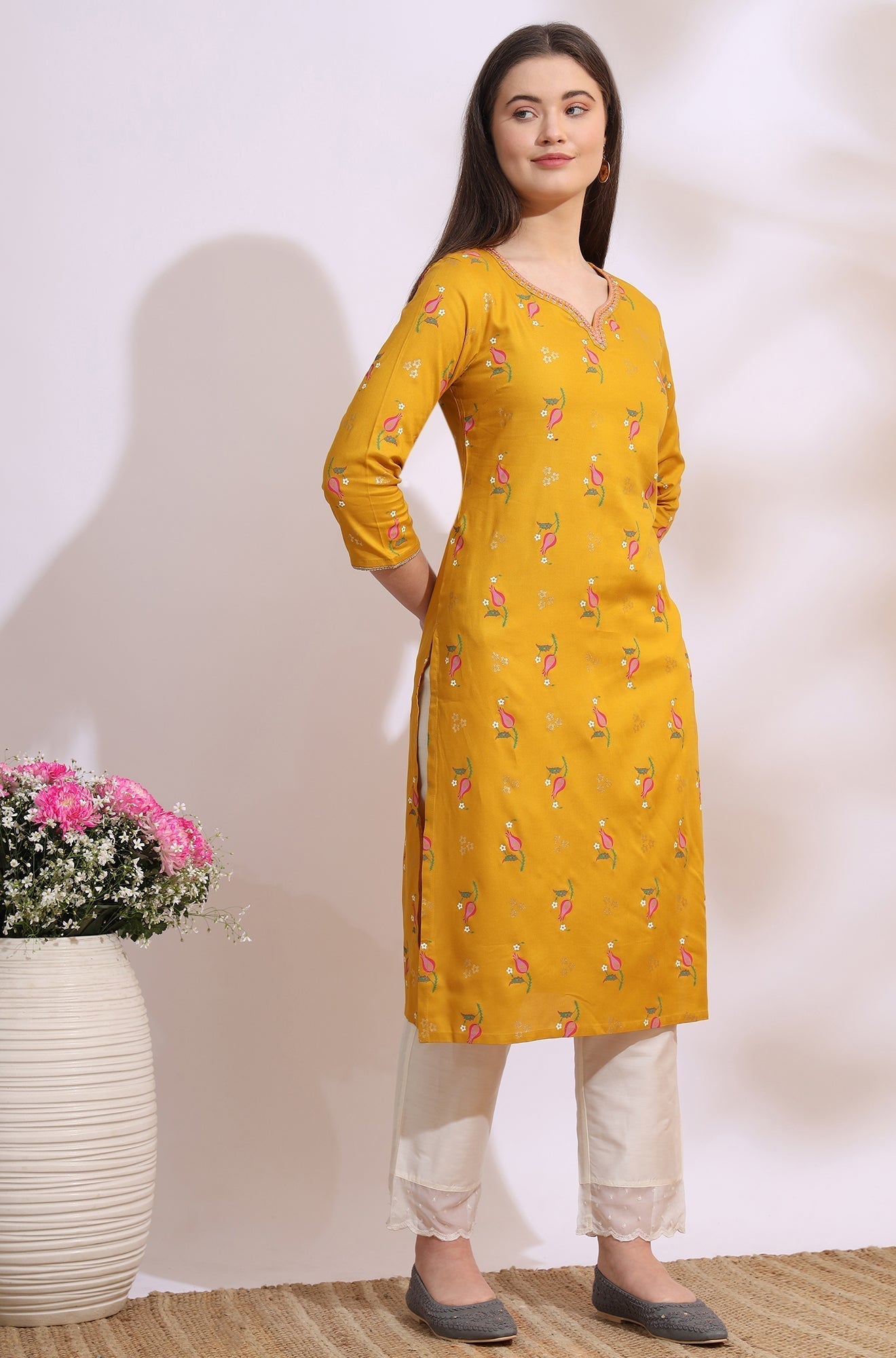 W for Woman Deep Yellow Floral Printed Rayon Straight Kurta with Embroidered Neck