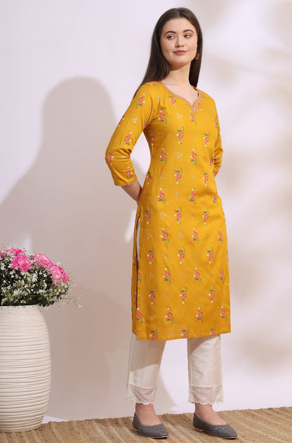 W for Woman Deep Yellow Floral Printed Rayon Straight Kurta with Embroidered Neck