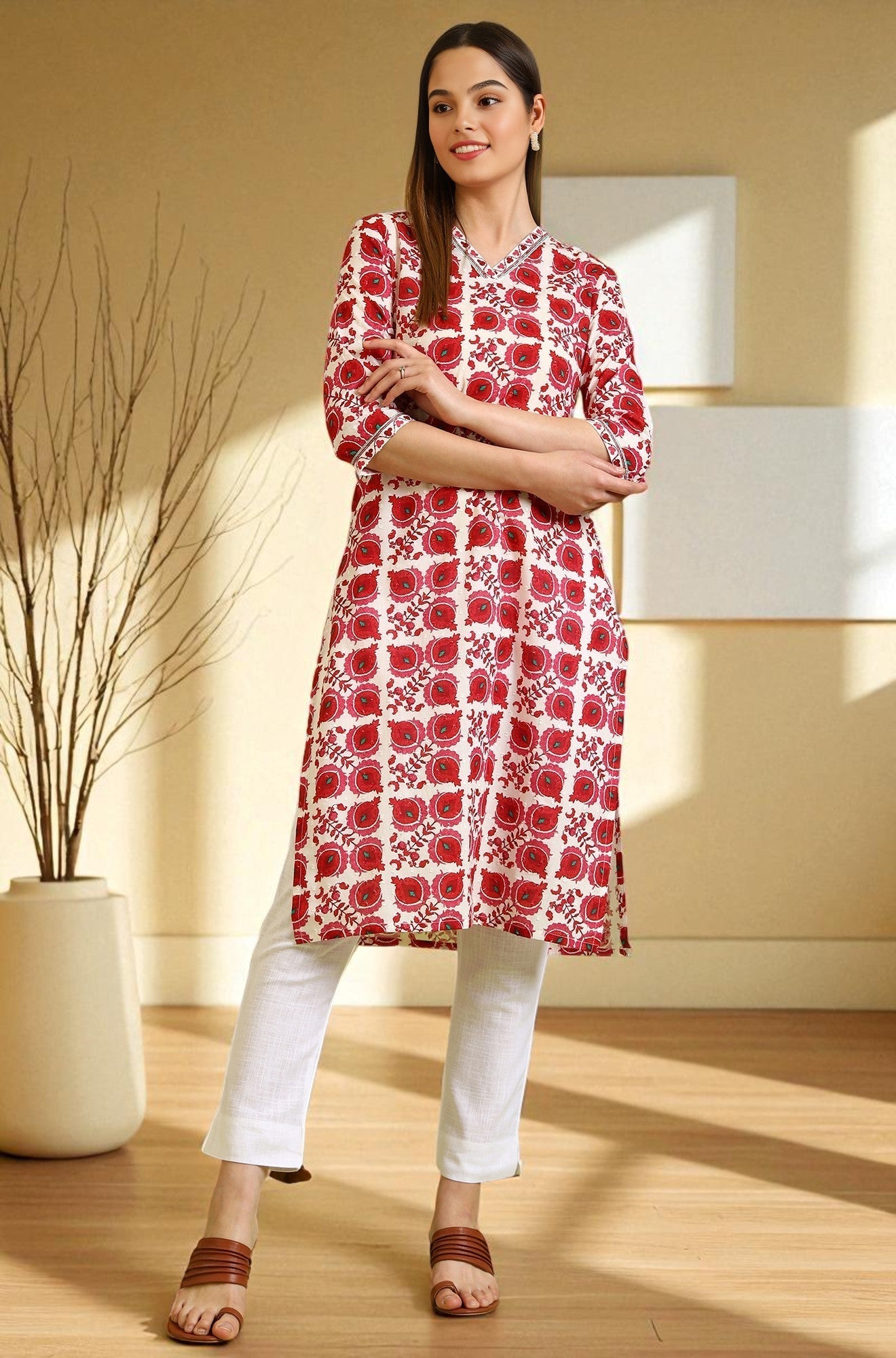 W for Woman Floral Printed Straight Pure Cotton Kurta with Border Patch
