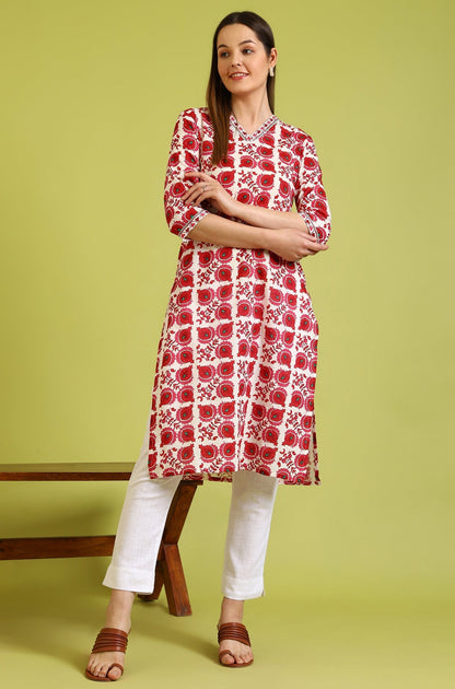 W for Woman Floral Printed Straight Pure Cotton Kurta with Border Patch