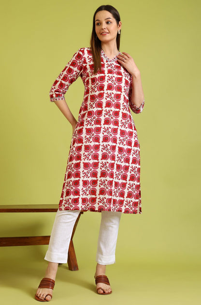 W for Woman Floral Printed Straight Pure Cotton Kurta with Border Patch